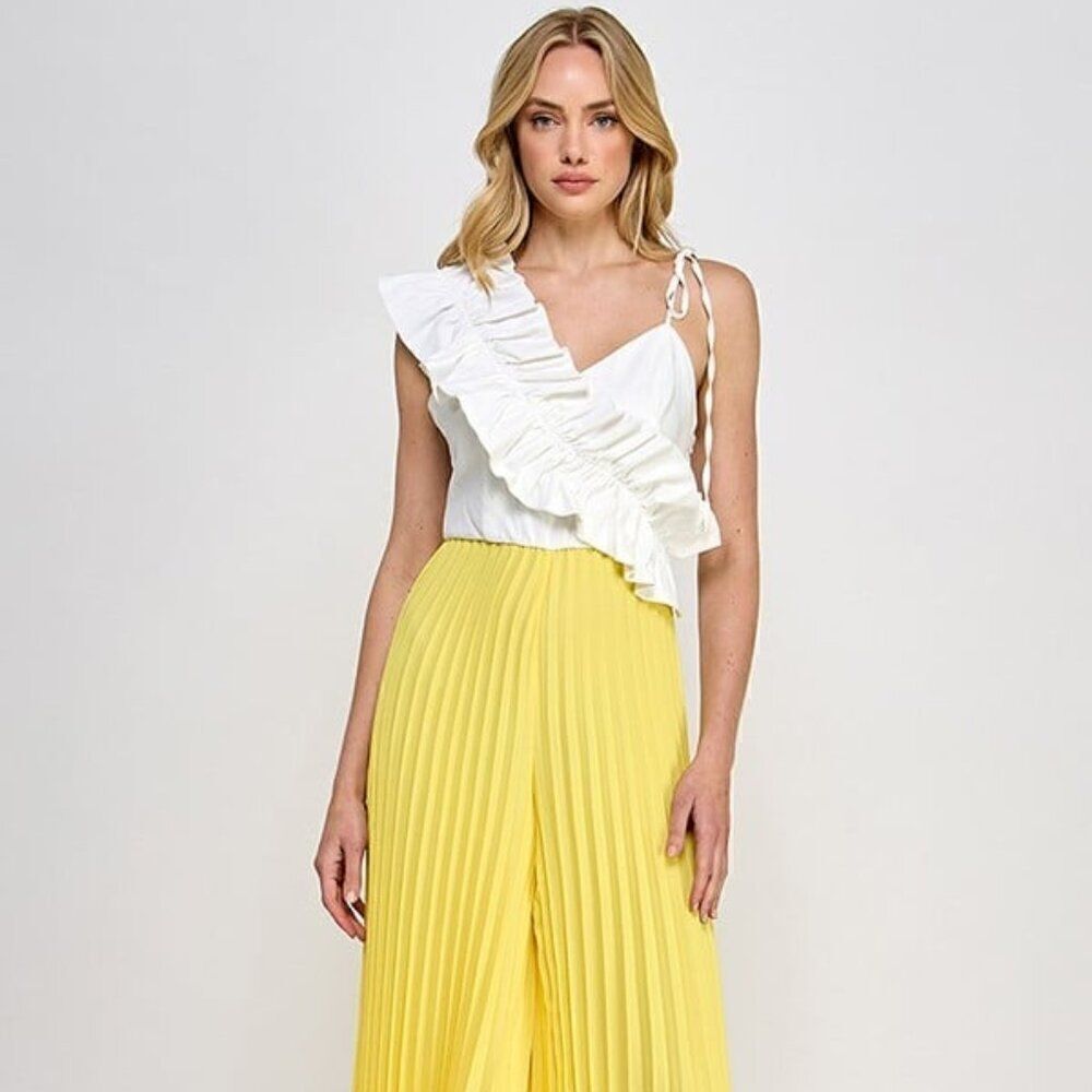 Yellow Cami asymmetrical ruffle‎ detail pleated bottom jumpsuit